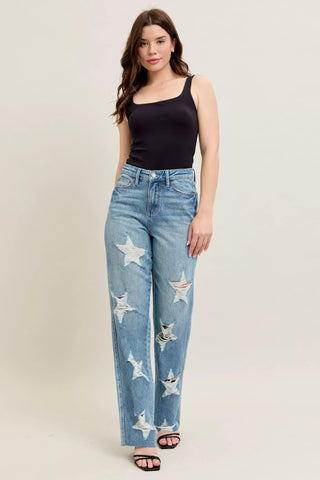 Judy Blue Full Size High Waist Rigid Magic Star Shaped Destroy 90's Straight Jeans Plus Size - Wear Arielle