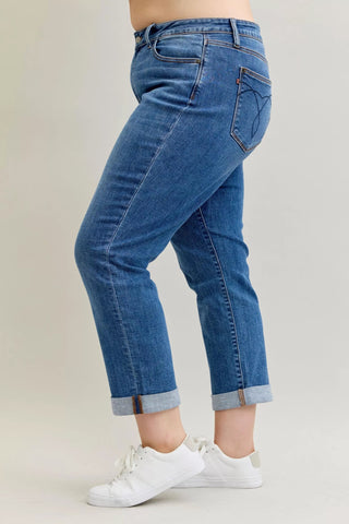 Judy Blue Full Size Mid Rise BF Classic Cuffed Jeans Plus Size - Wear Arielle
