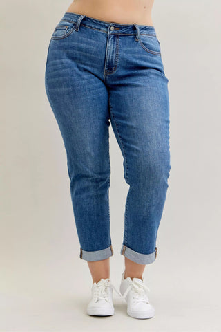Judy Blue Full Size Mid Rise BF Classic Cuffed Jeans Plus Size - Wear Arielle