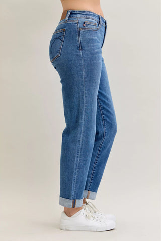 Judy Blue Full Size Mid Rise BF Classic Cuffed Jeans Plus Size - Wear Arielle