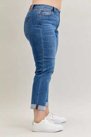 Judy Blue Full Size Mid Rise BF Classic Cuffed Jeans Plus Size - Wear Arielle