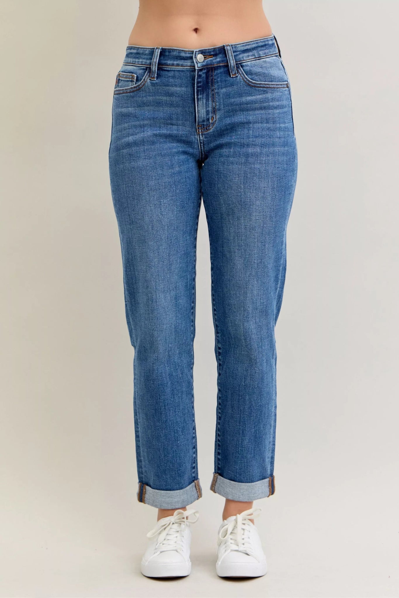 Judy Blue Full Size Mid Rise BF Classic Cuffed Jeans Plus Size - Wear Arielle