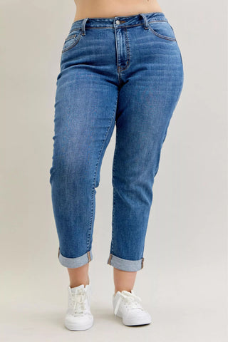 Judy Blue Full Size Mid Rise BF Classic Cuffed Jeans Plus Size - Wear Arielle