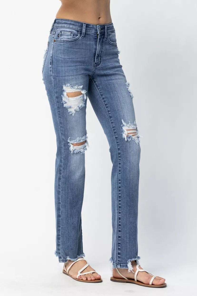 Judy Blue Full Size Mid Rise Destroy Straight Jeans Plus Size - Wear Arielle