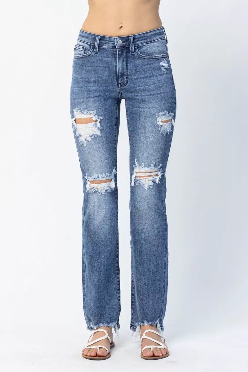 Judy Blue Full Size Mid Rise Destroy Straight Jeans Plus Size - Wear Arielle