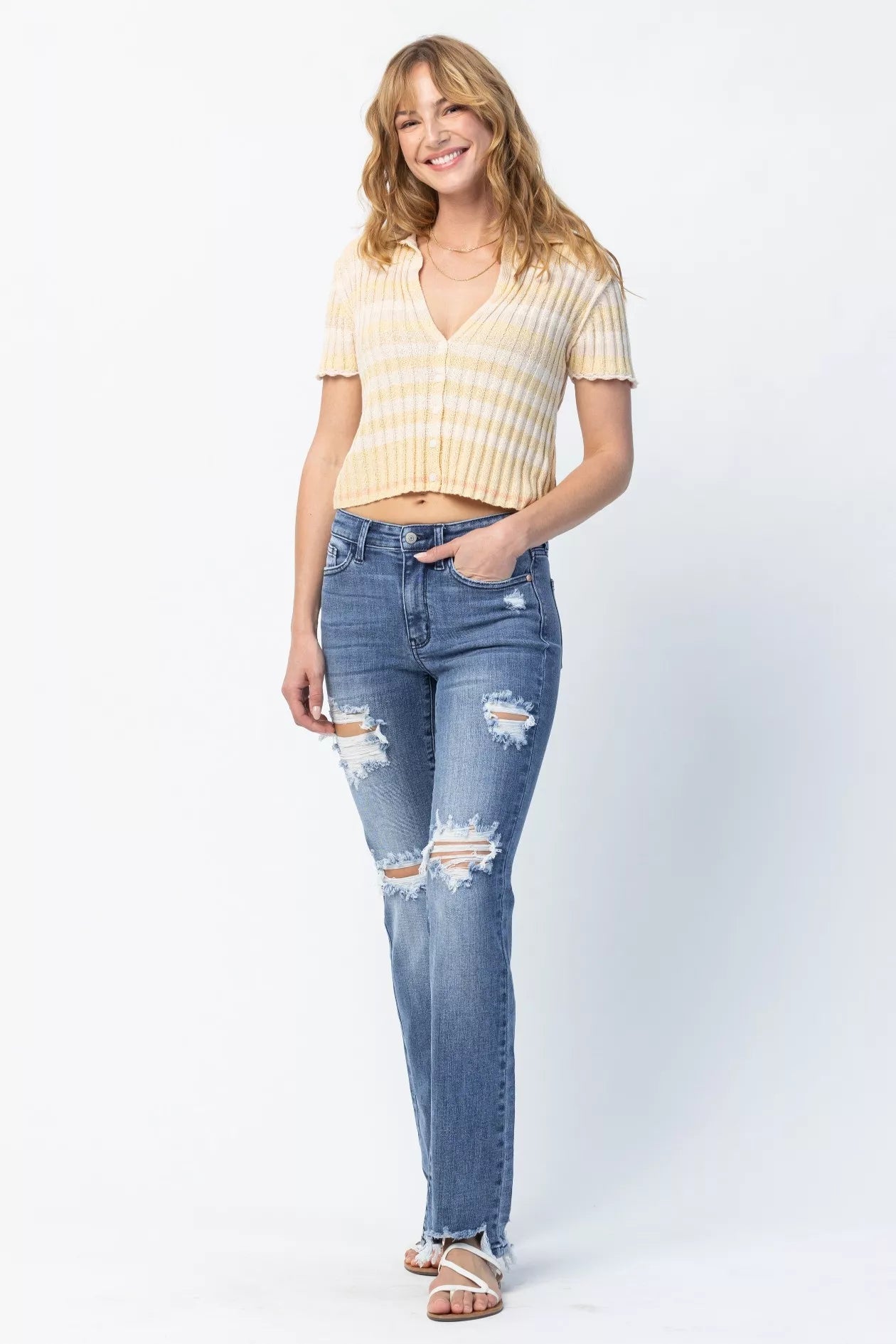 Judy Blue Full Size Mid Rise Destroy Straight Jeans Plus Size - Wear Arielle