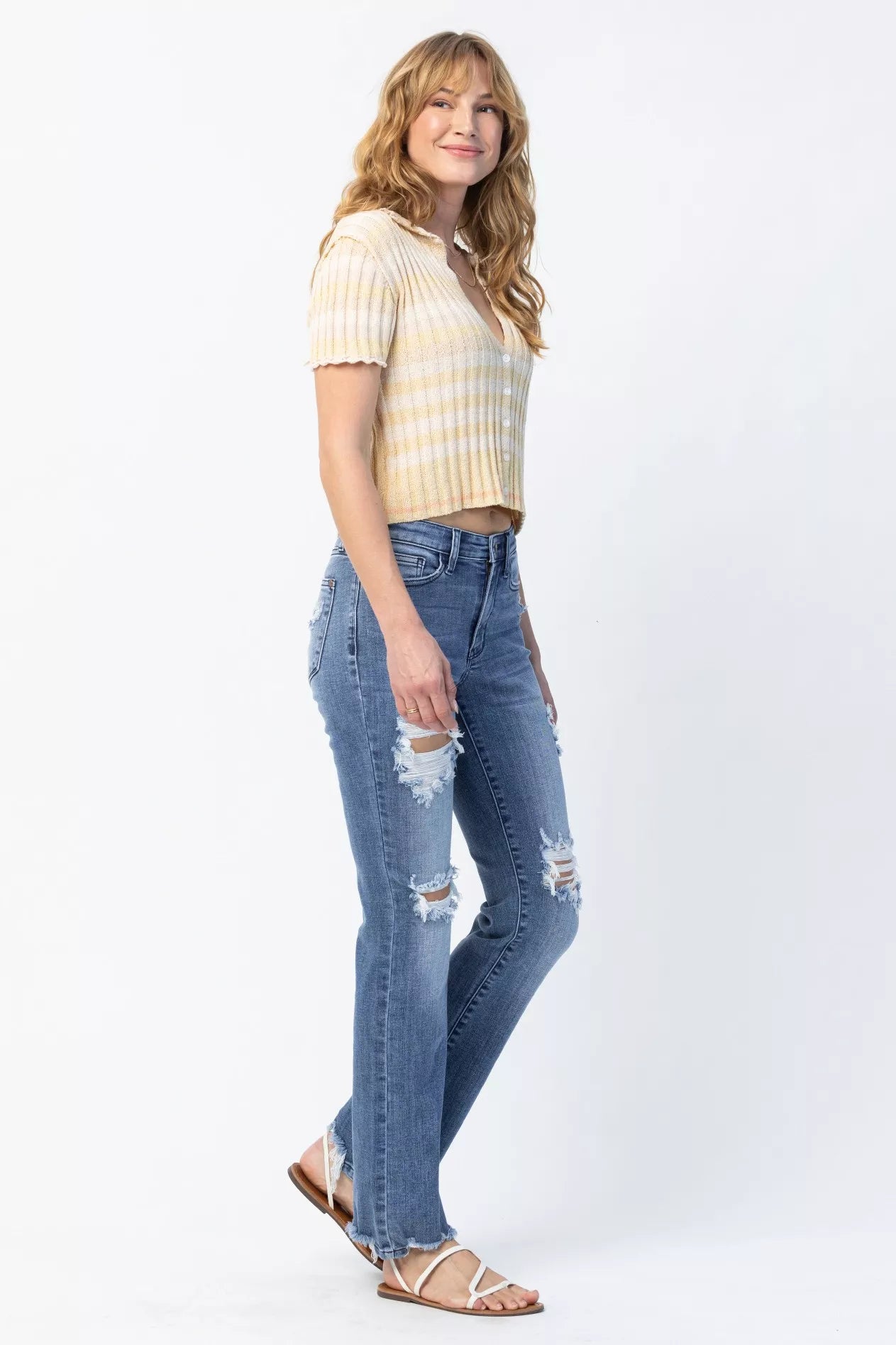 Judy Blue Full Size Mid Rise Destroy Straight Jeans Plus Size - Wear Arielle