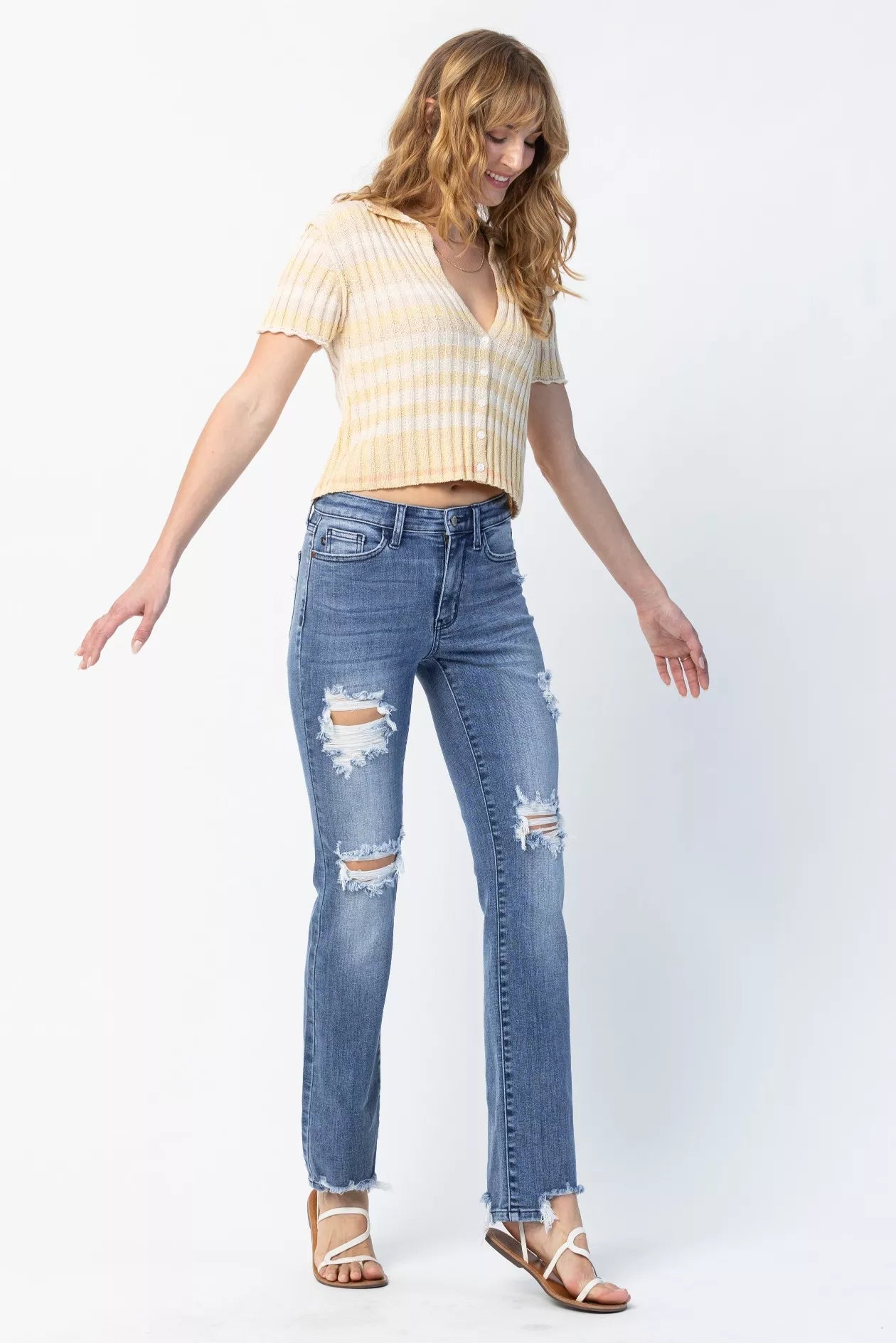 Judy Blue Full Size Mid Rise Destroy Straight Jeans Plus Size - Wear Arielle