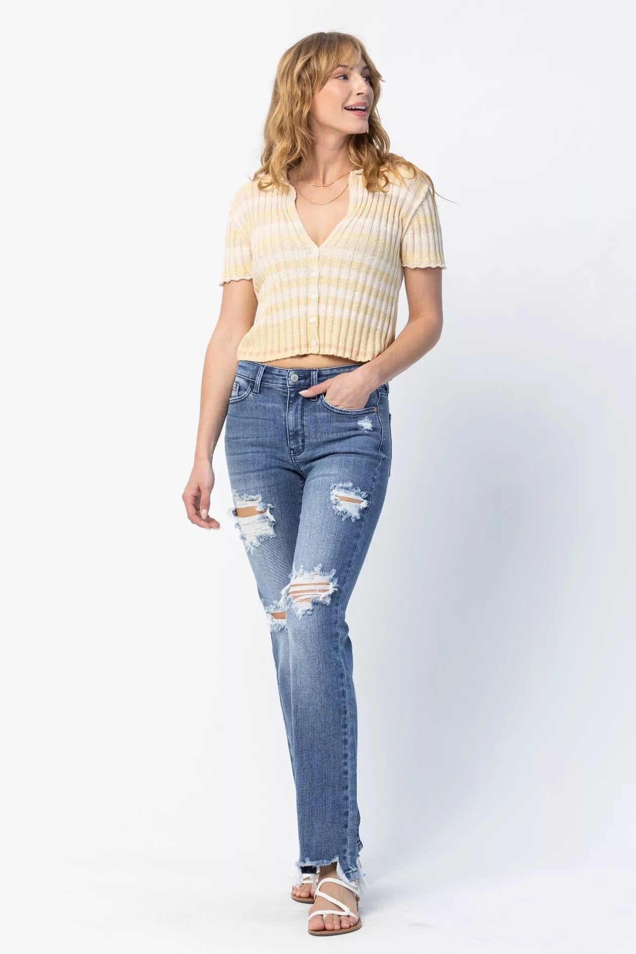 Judy Blue Full Size Mid Rise Destroy Straight Jeans Plus Size - Wear Arielle