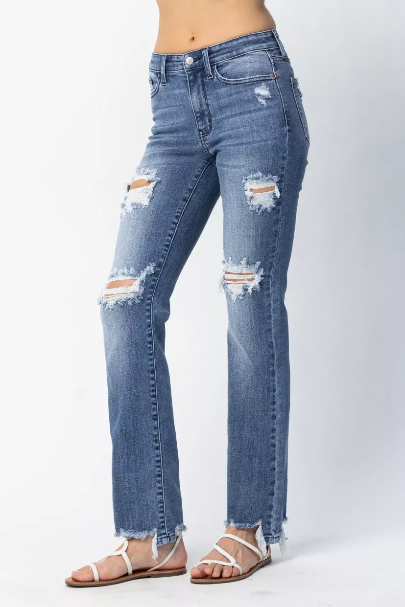 Judy Blue Full Size Mid Rise Destroy Straight Jeans Plus Size - Wear Arielle