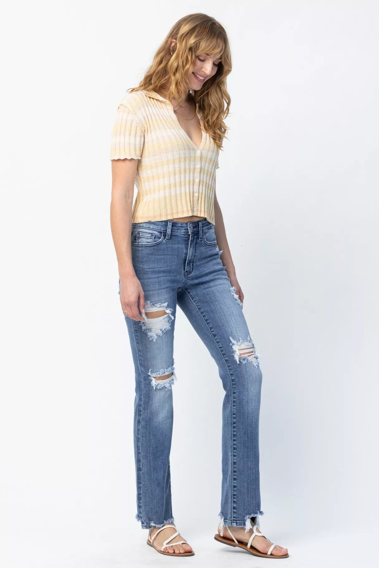 Judy Blue Full Size Mid Rise Destroy Straight Jeans Plus Size - Wear Arielle