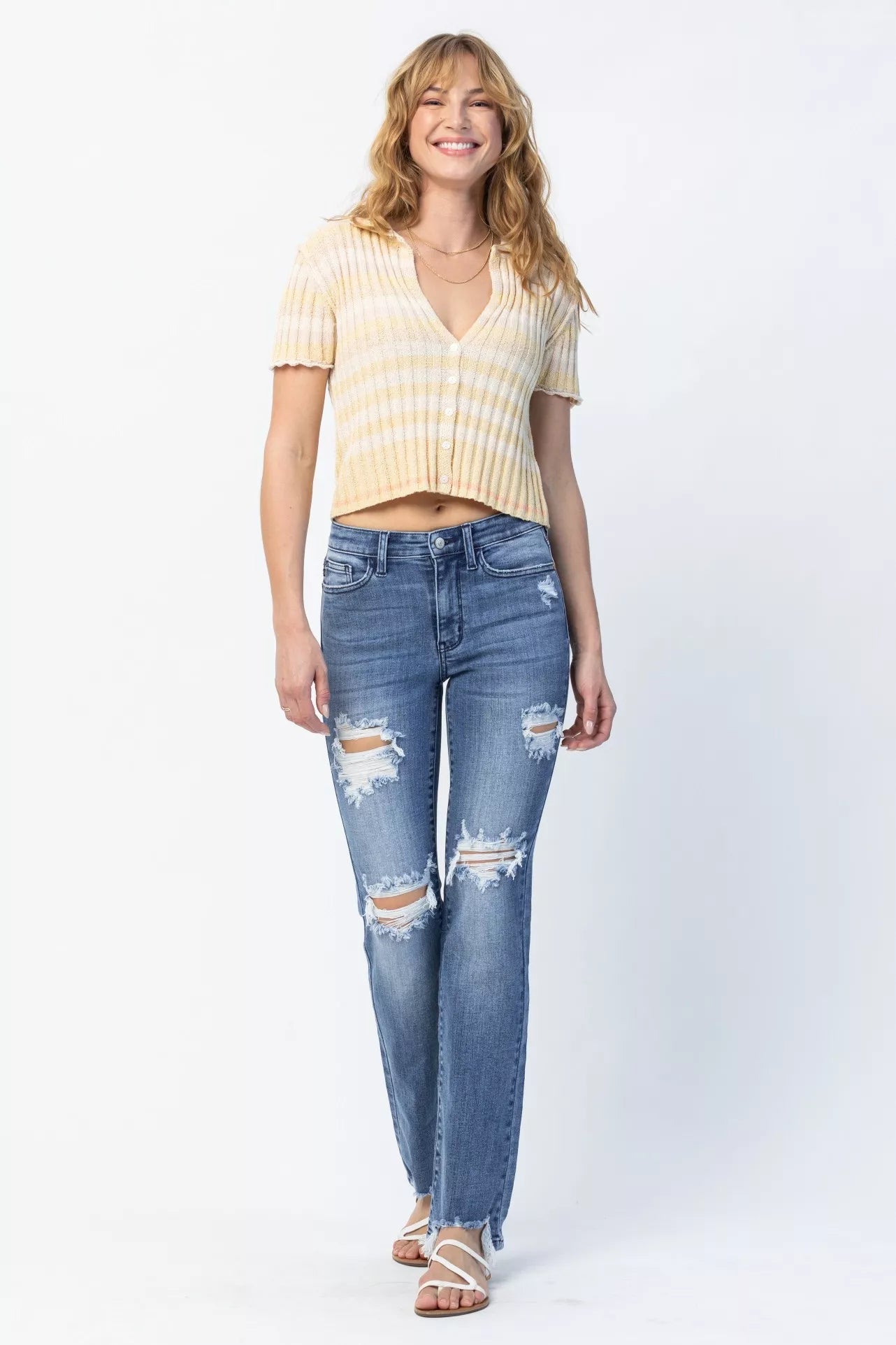 Judy Blue Full Size Mid Rise Destroy Straight Jeans Plus Size - Wear Arielle