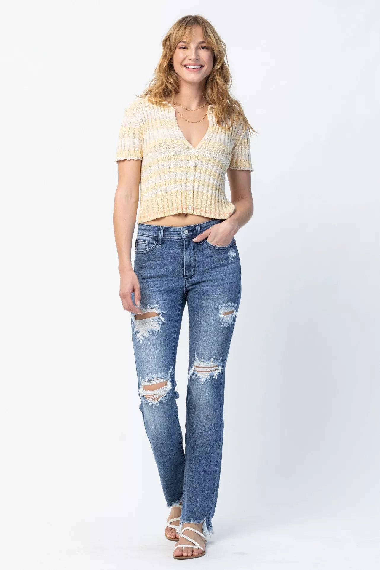 Judy Blue Full Size Mid Rise Destroy Straight Jeans Plus Size - Wear Arielle