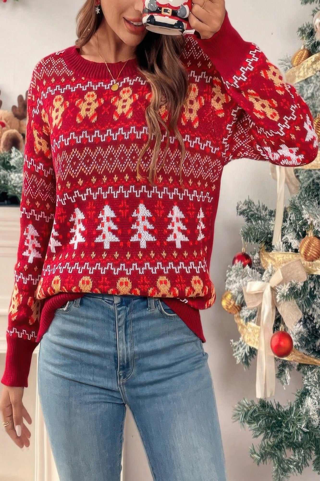 Knit Christmas Print Round Neck Loose Fit Sweater - Wear Arielle