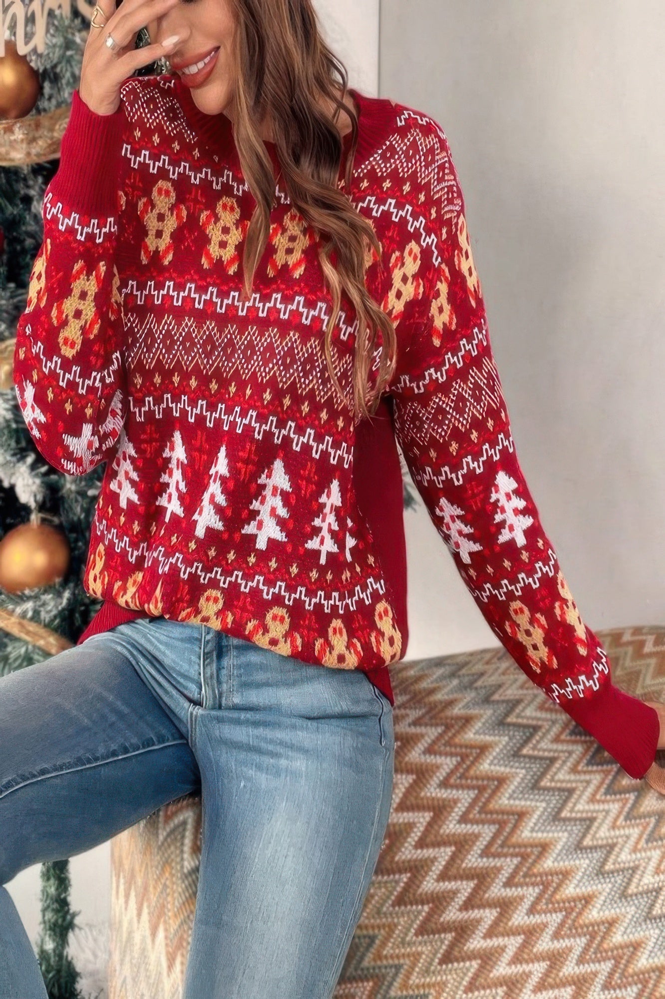Knit Christmas Print Round Neck Loose Fit Sweater - Wear Arielle