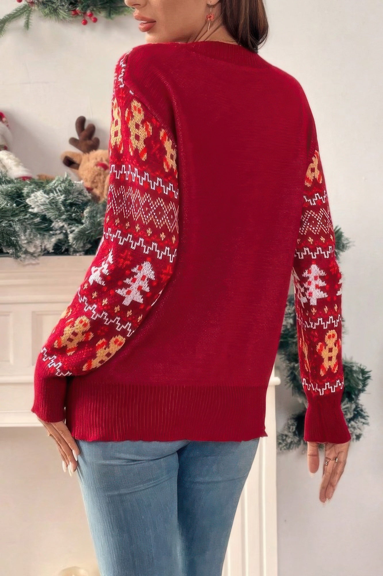 Knit Christmas Print Round Neck Loose Fit Sweater - Wear Arielle