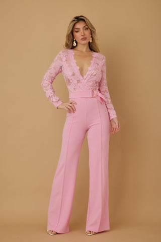 Light Pink Lace Crochet Long Sleeve Jumpsuit - Wear Arielle