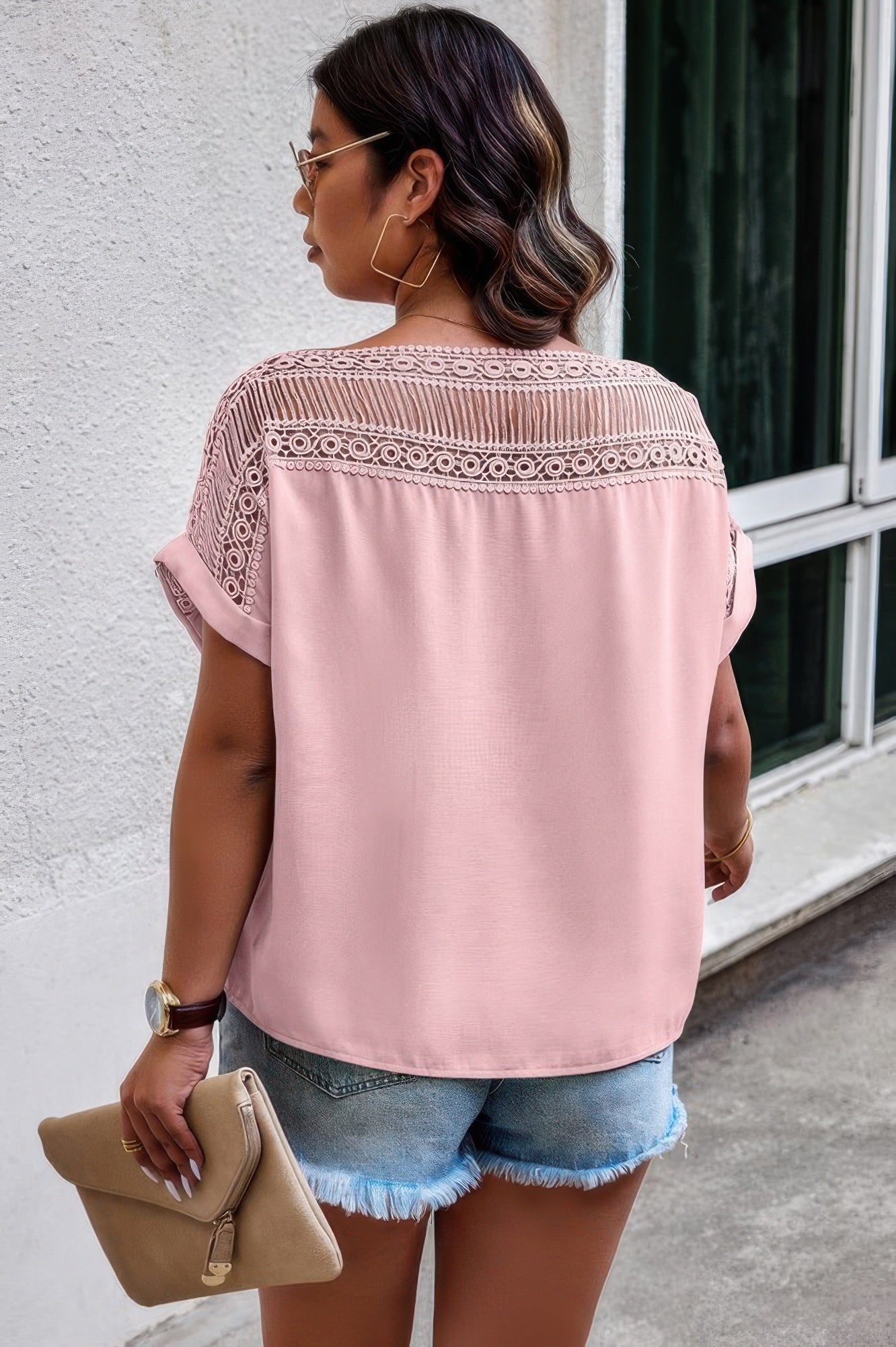 Lace Plus Pattern Printed Batwing Sleeve Blouse - Wear Arielle