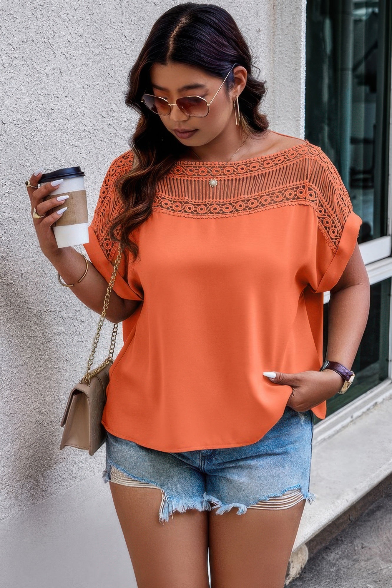 Lace Plus Pattern Printed Batwing Sleeve Blouse - Wear Arielle