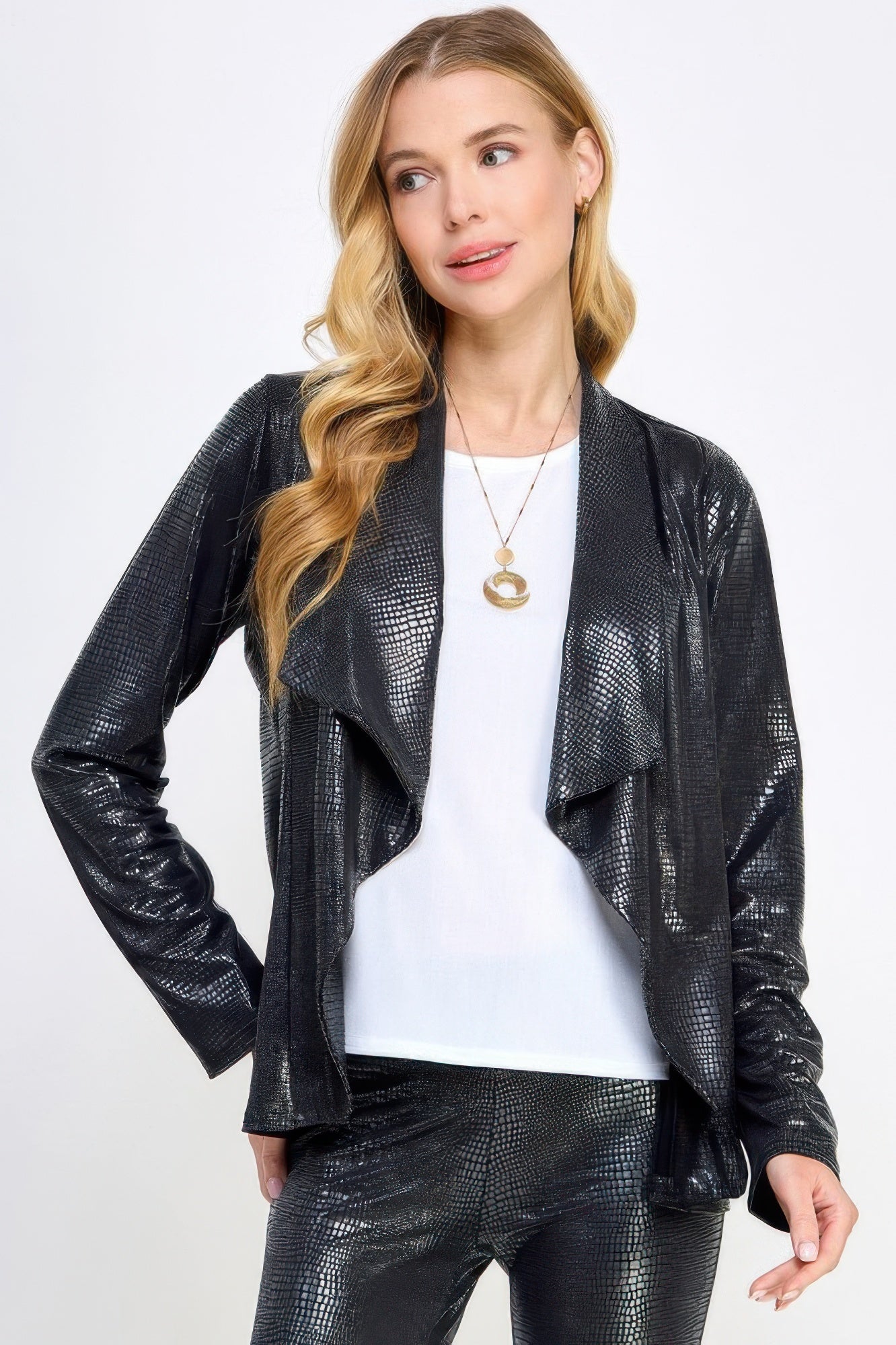 Long Sleeve Pleather Snake Skin Look Jacket - Wear Arielle
