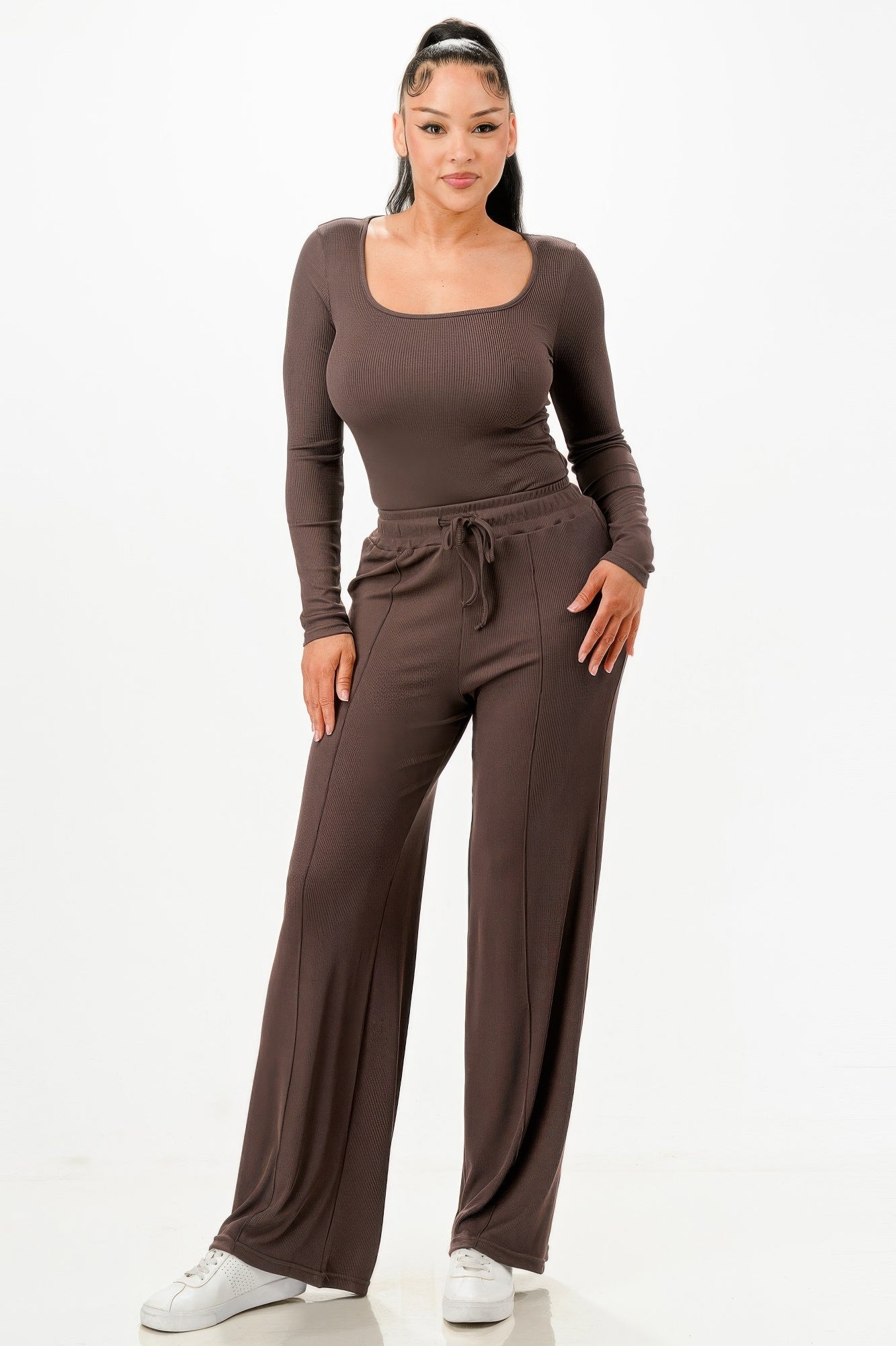Long Sleeve Ribbed Bodysuit And Pants Set - Wear Arielle