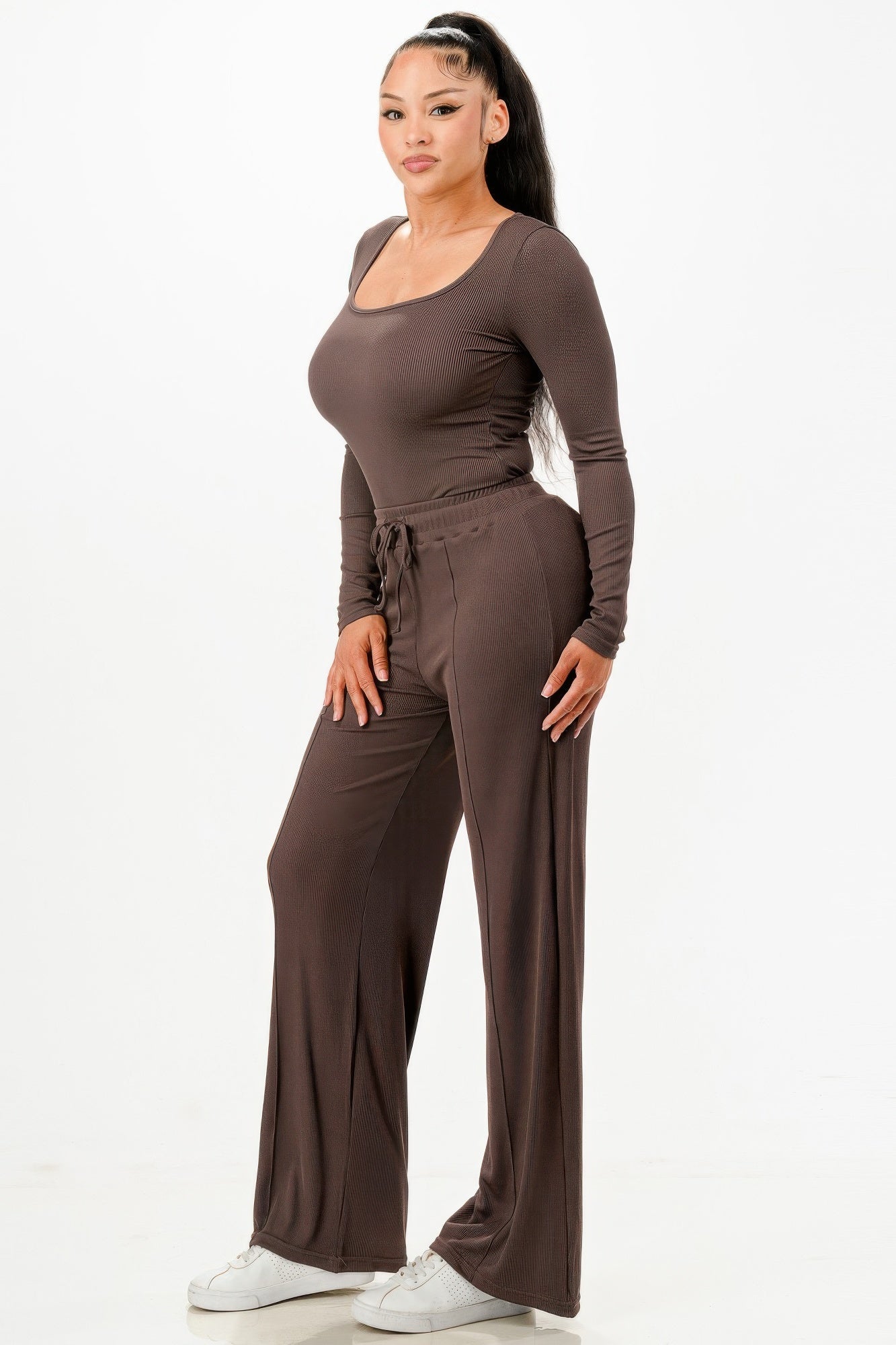Long Sleeve Ribbed Bodysuit And Pants Set - Wear Arielle