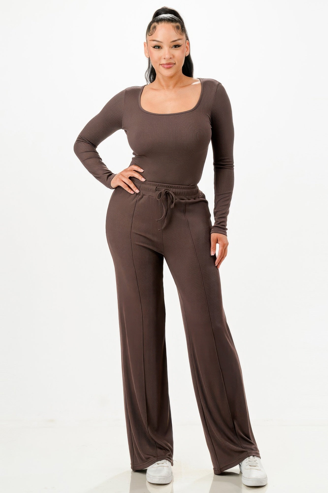 Long Sleeve Ribbed Bodysuit And Pants Set - Wear Arielle
