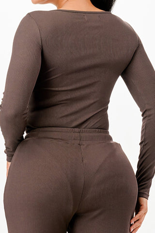Long Sleeve Ribbed Bodysuit And Pants Set - Wear Arielle