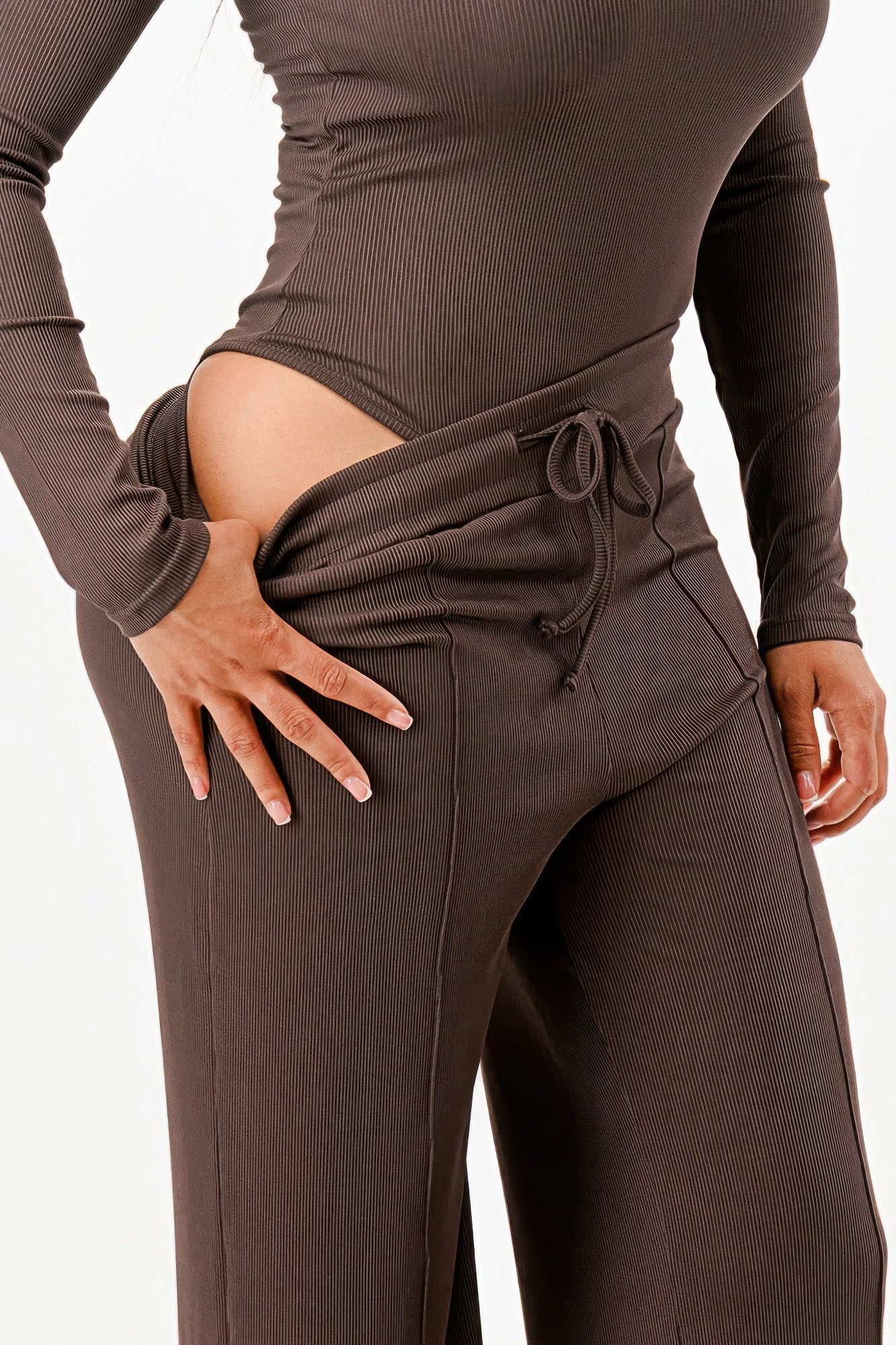 Long Sleeve Ribbed Bodysuit And Pants Set - Wear Arielle