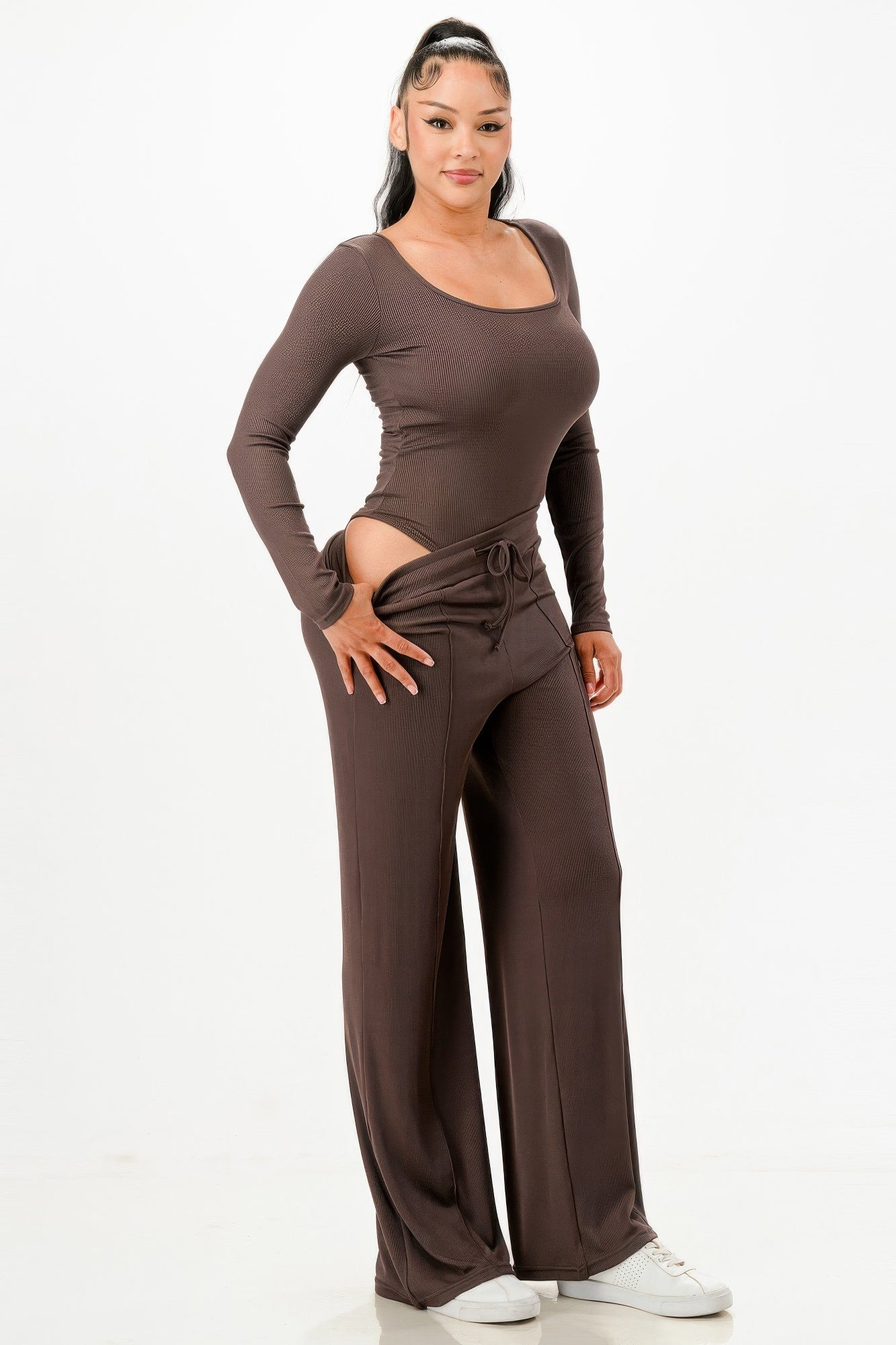 Long Sleeve Ribbed Bodysuit And Pants Set - Wear Arielle