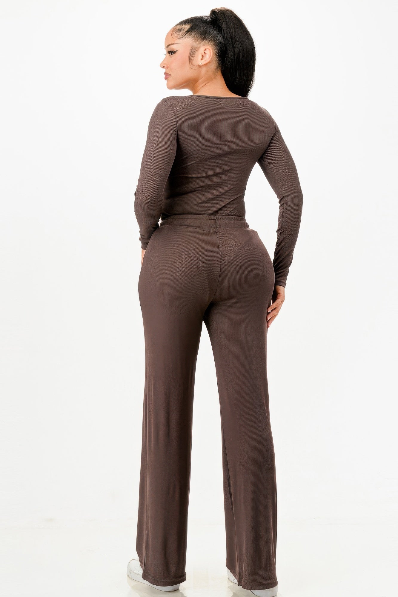 Long Sleeve Ribbed Bodysuit And Pants Set - Wear Arielle