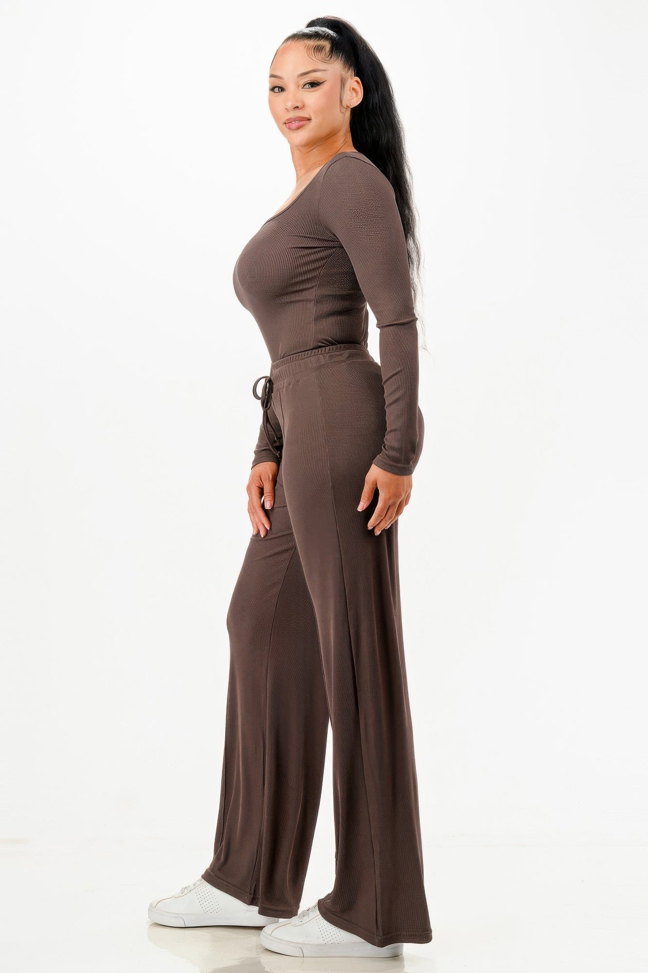 Long Sleeve Ribbed Bodysuit And Pants Set - Wear Arielle