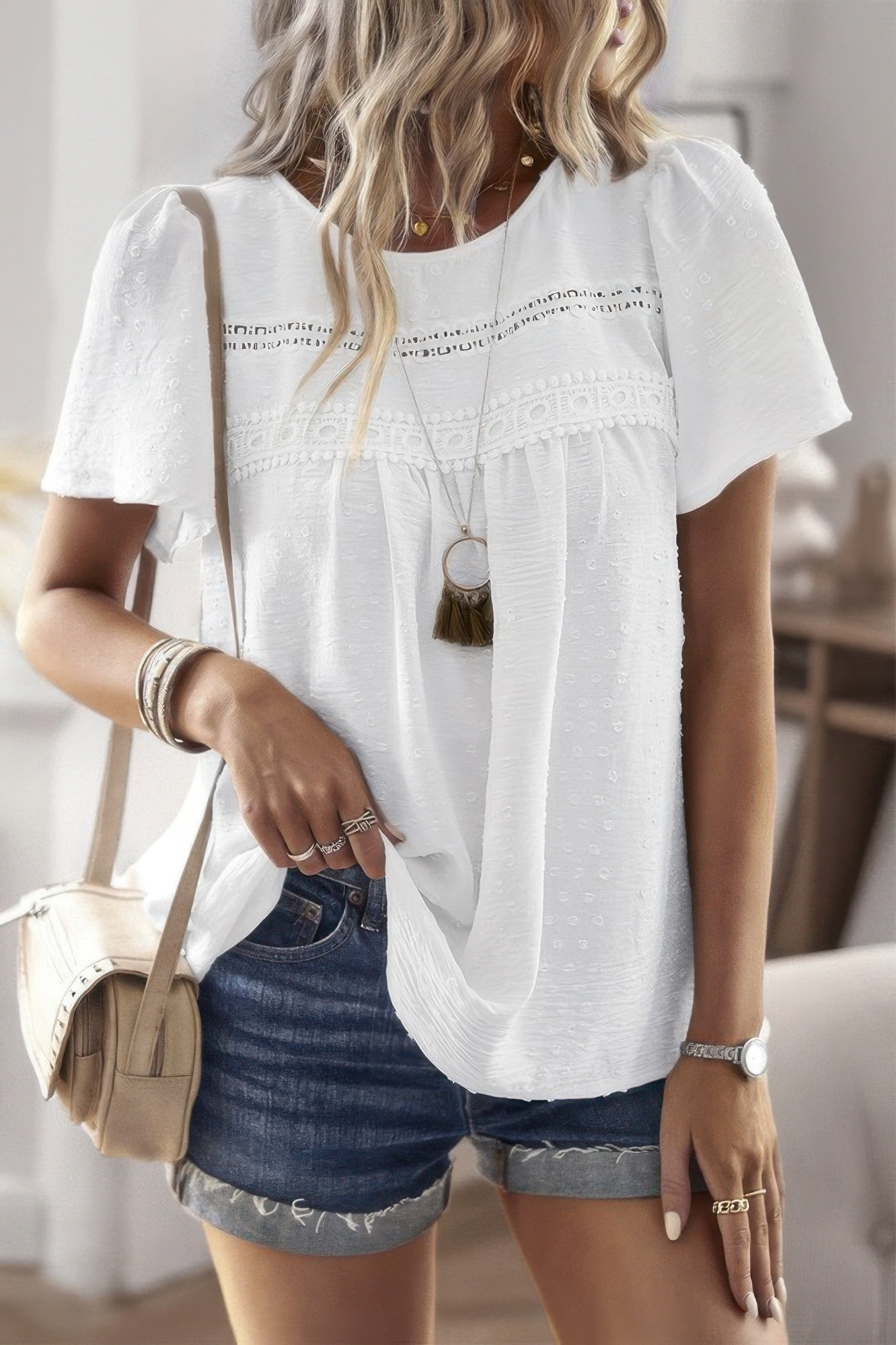 Loose Fit Dot Solid Lace Round Neck Top - Wear Arielle