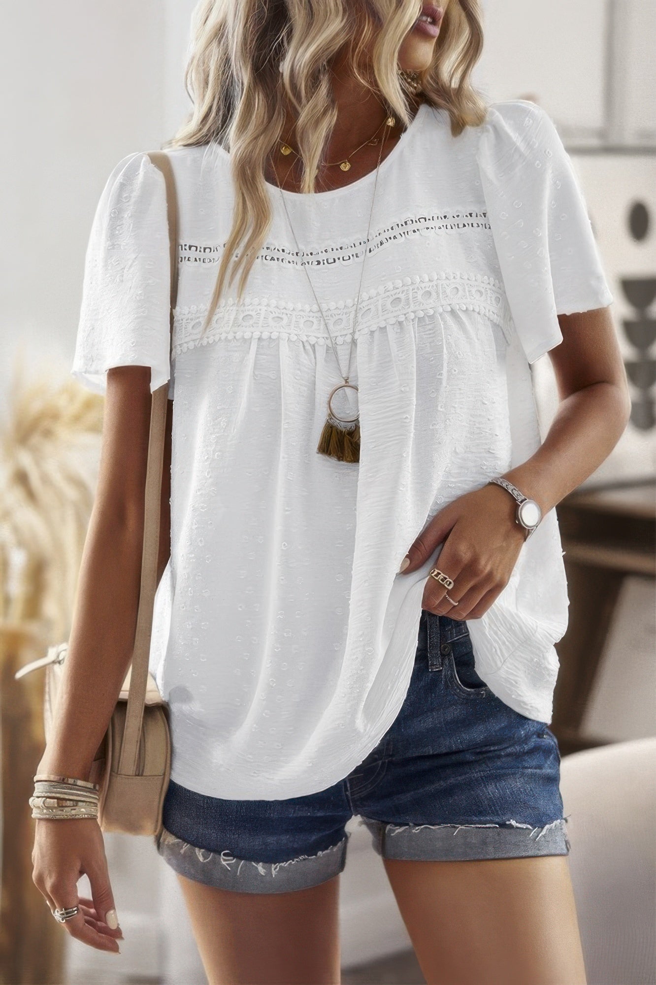 Loose Fit Dot Solid Lace Round Neck Top - Wear Arielle