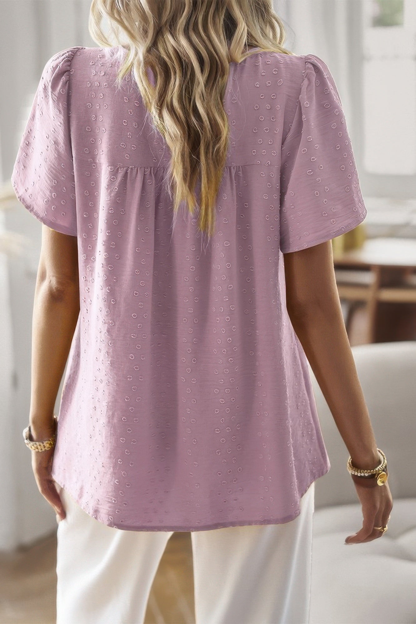 Loose Fit Dot Solid Lace Round Neck Top - Wear Arielle