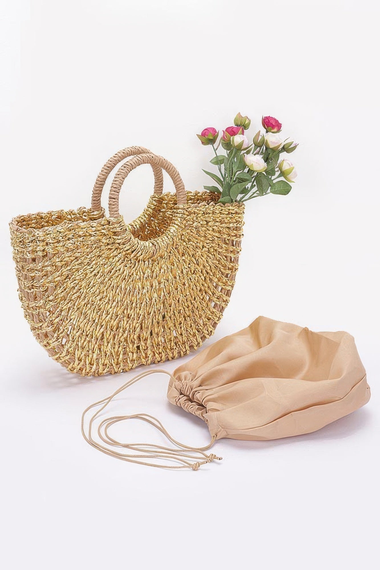 Metallic Faux Straw Tote Bag W Pouch - Wear Arielle