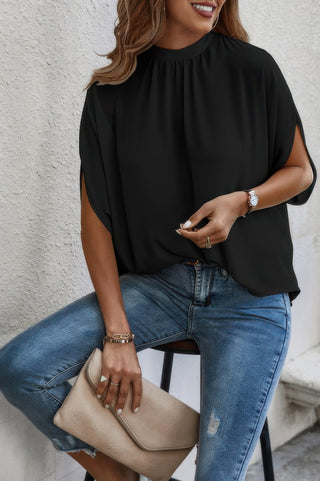 Mock Neck Batwing Sleeve Solid Loose Blouse - Wear Arielle