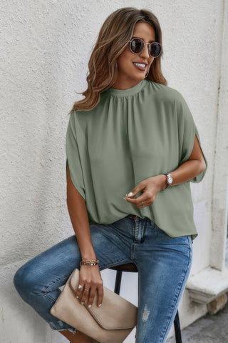 Mock Neck Batwing Sleeve Solid Loose Blouse - Wear Arielle