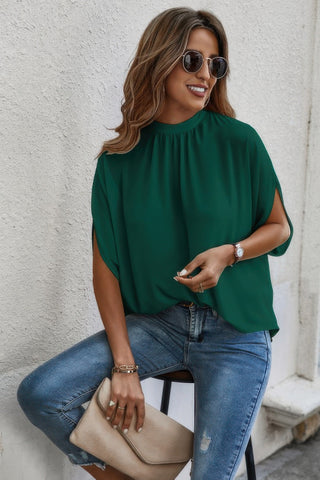Mock Neck Batwing Sleeve Solid Loose Blouse - Wear Arielle