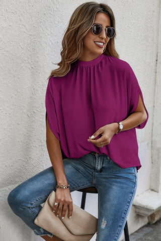 Mock Neck Batwing Sleeve Solid Loose Blouse - Wear Arielle