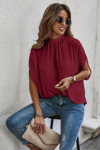 Mock Neck Batwing Sleeve Solid Loose Blouse - Wear Arielle