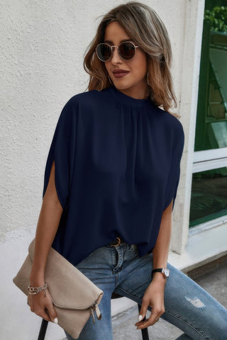 Mock Neck Batwing Sleeve Solid Loose Blouse - Wear Arielle