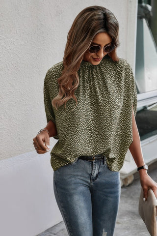 Mock Neck Batwing Sleeve Solid Loose Blouse - Wear Arielle