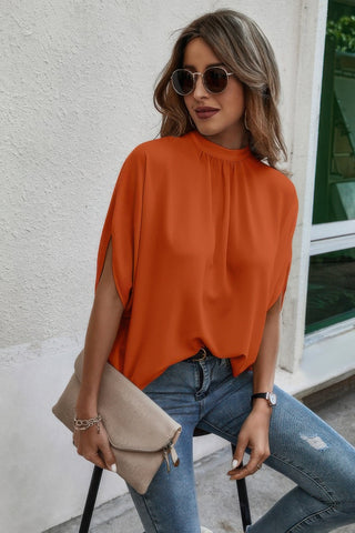 Mock Neck Batwing Sleeve Solid Loose Blouse - Wear Arielle