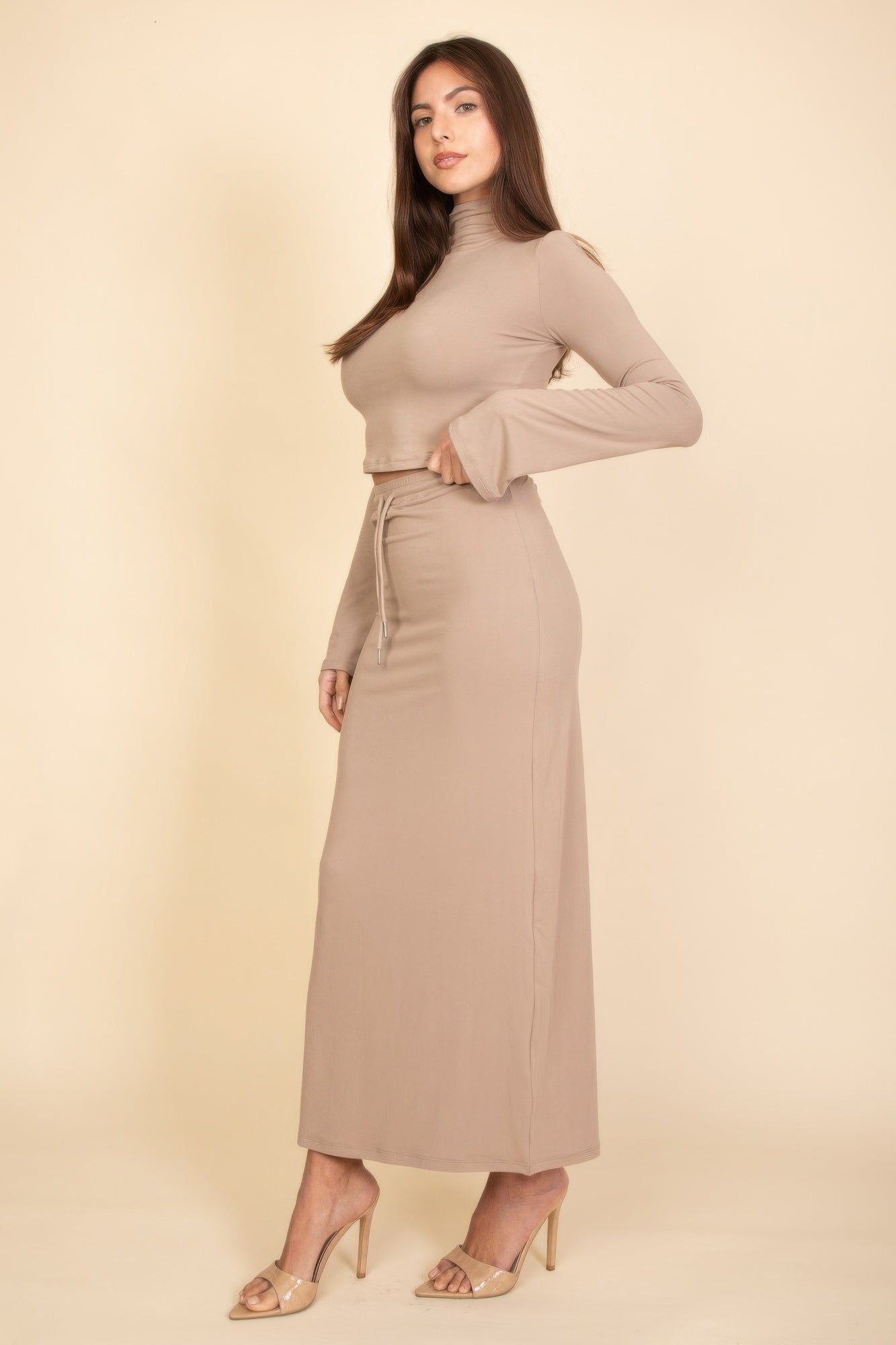 Mock Neck Bell Sleeve Crop Top & Maxi Skirt Set - Wear Arielle
