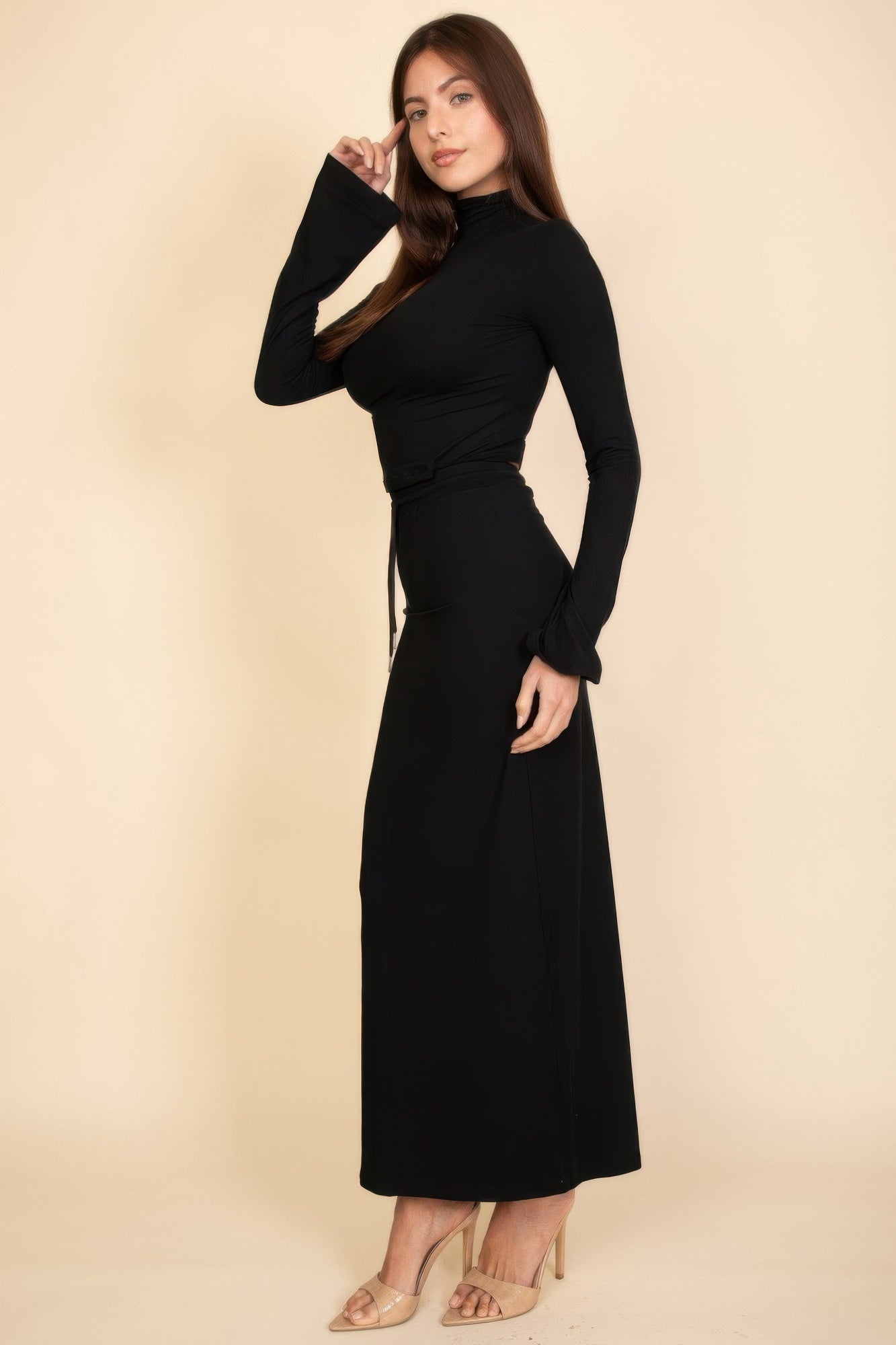 Mock Neck Bell Sleeve Crop Top & Maxi Skirt Set - Wear Arielle