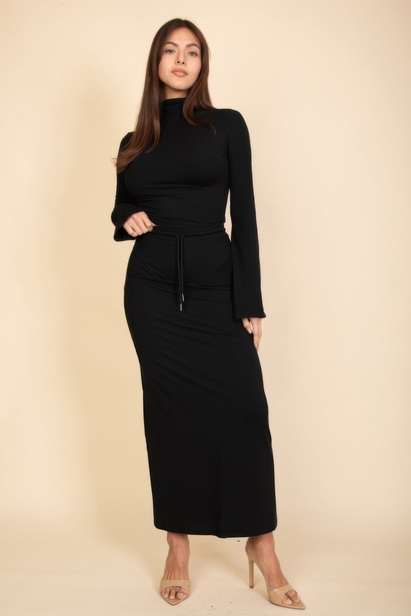 Mock Neck Bell Sleeve Crop Top & Maxi Skirt Set - Wear Arielle