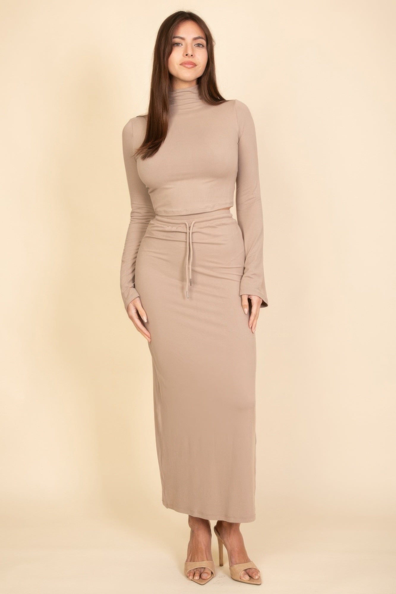 Mock Neck Bell Sleeve Crop Top & Maxi Skirt Set - Wear Arielle