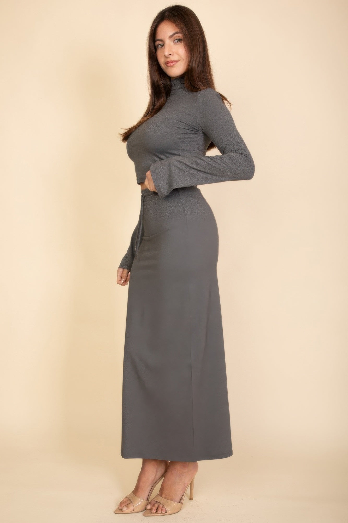 Mock Neck Bell Sleeve Crop Top & Maxi Skirt Set - Wear Arielle
