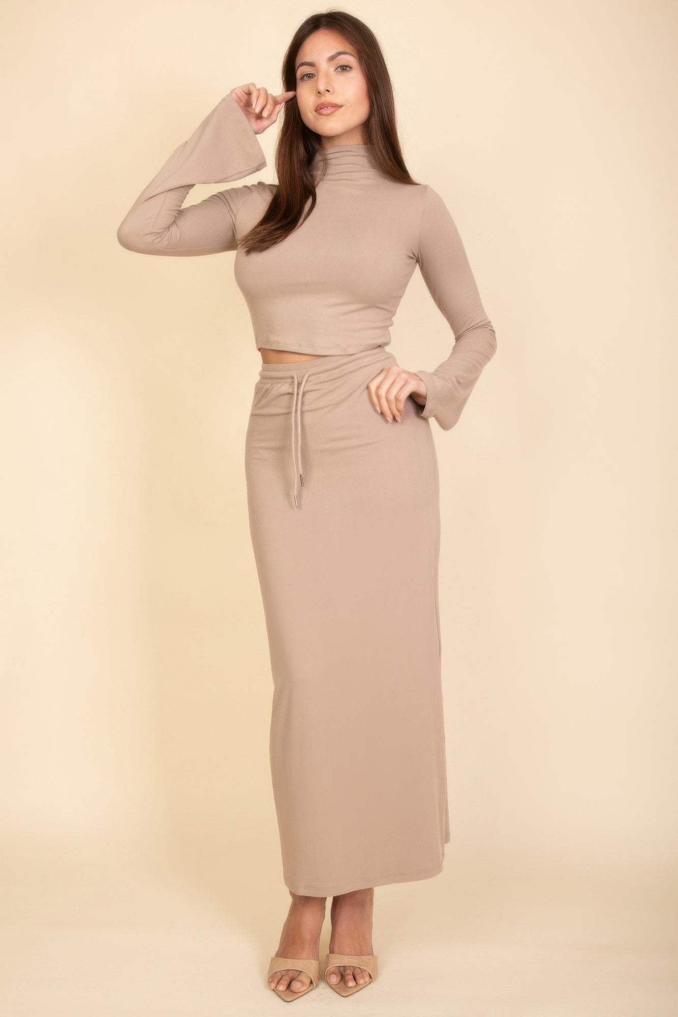 Mock Neck Bell Sleeve Crop Top & Maxi Skirt Set - Wear Arielle